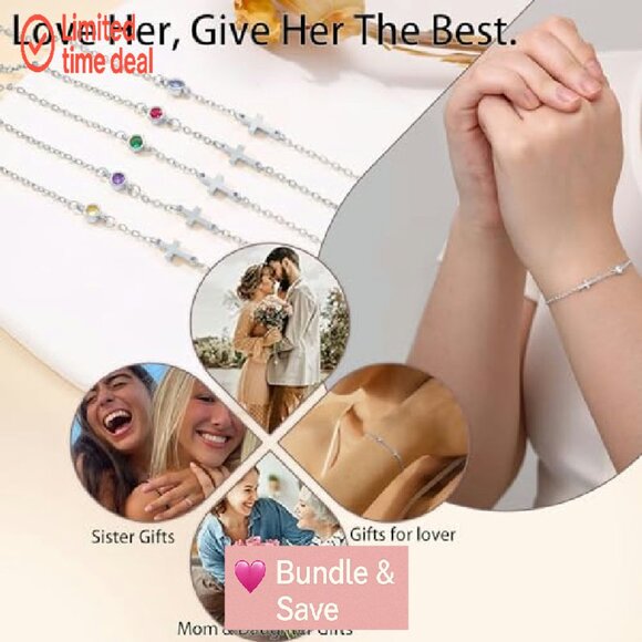 Dainty Gold Cross Bracelet with Birthstone, 6.5" + 2" Extender - Picture 8 of 8